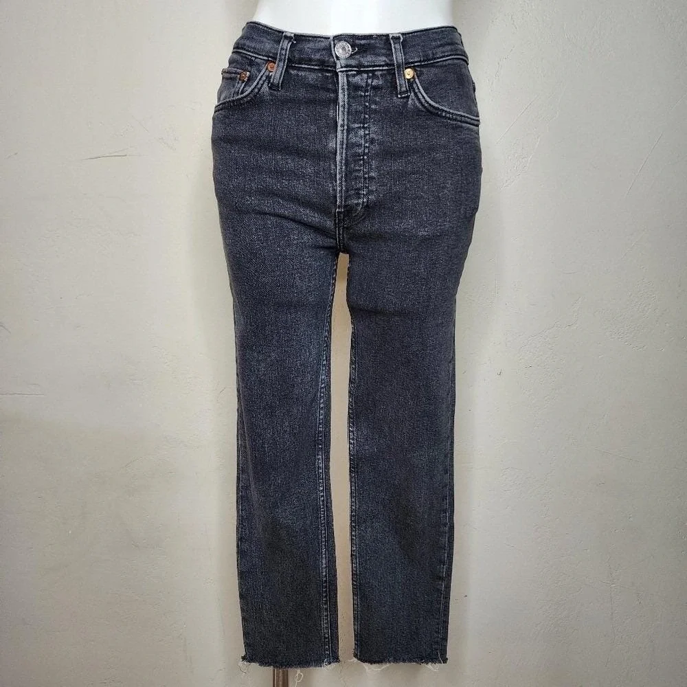 RE/DONE Women's Black Straight Leg Cropped‎ Stretch Denim Jeans Size 28